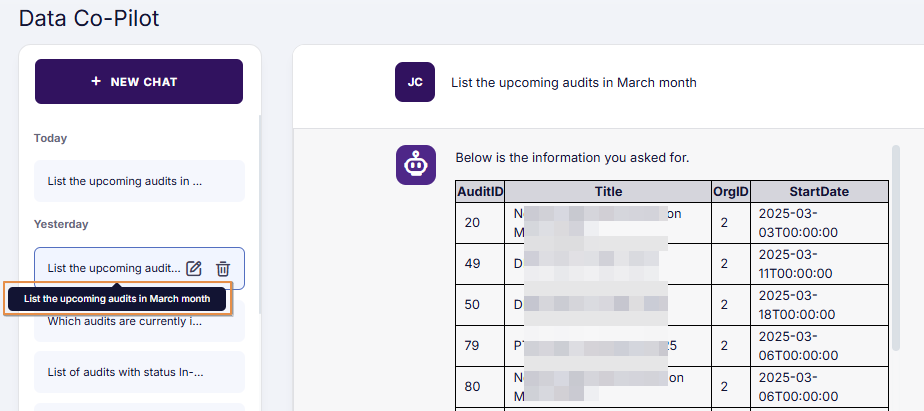 Chat query text displayed in tooltip