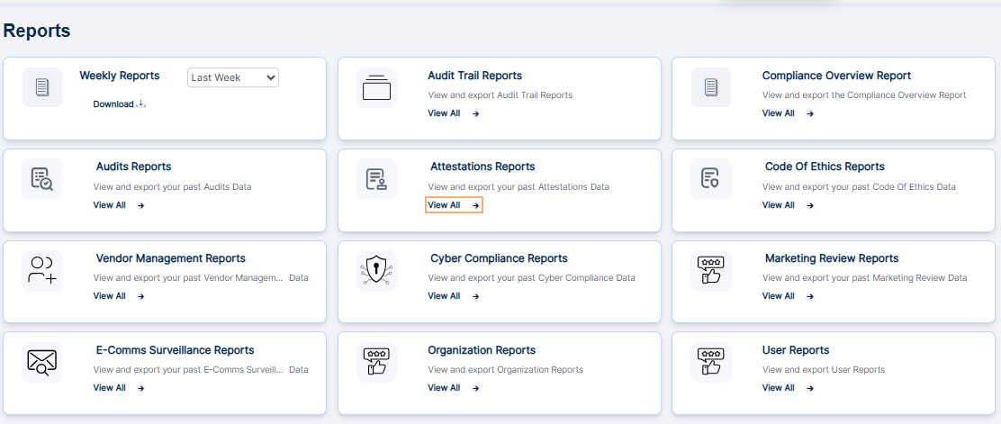 View All option of the Attestations Report tile on the Reports page