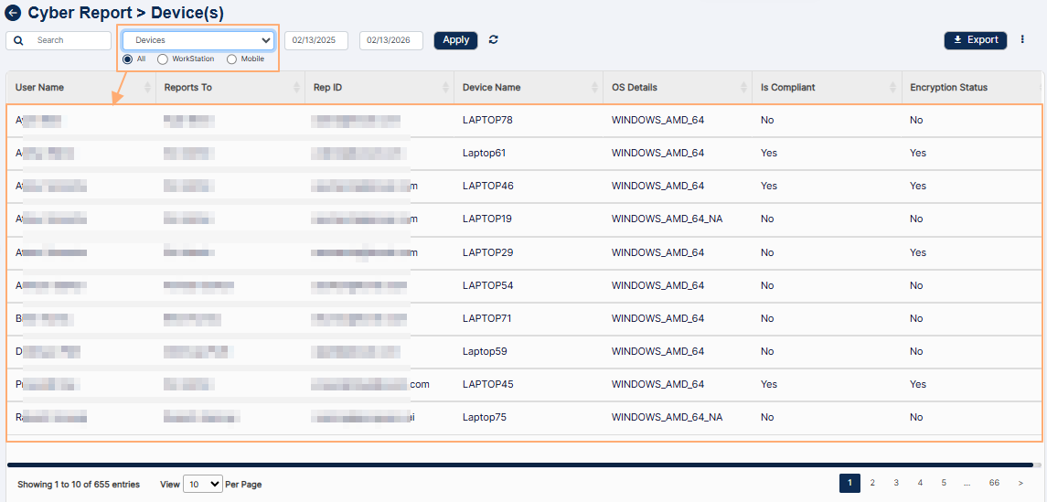 View of filters and grid view when Devices dropdown is selected and the All radio button is selected