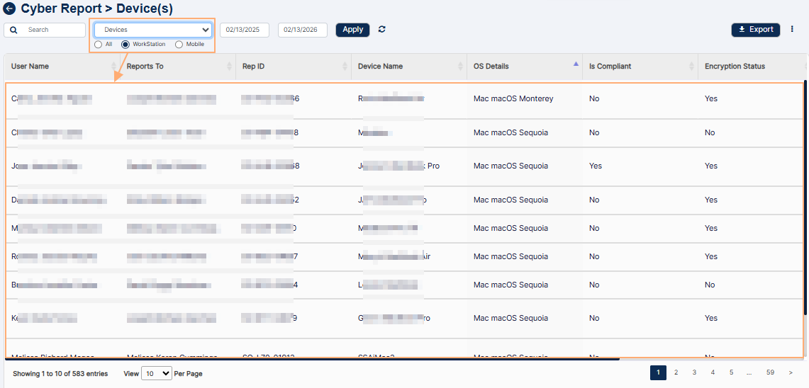 View of filters and grid view when Devices dropdown is selected and the WorkStation radio button is selected