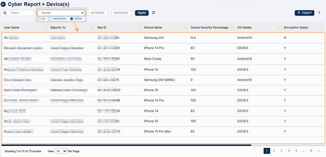 View of filters and grid view when Devices dropdown is selected and the Mobile radio button is selected
