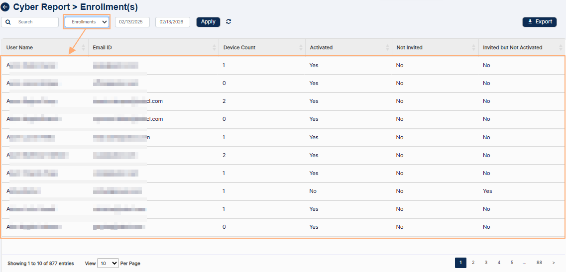 View of filters and grid view when Enrollments dropdown is selected