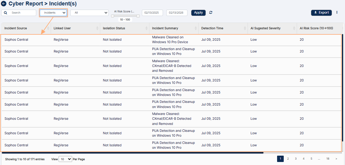 View of filters and grid view when Incidents dropdown is selected