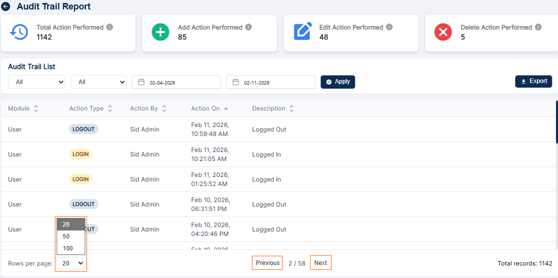 Pagination dropdown and other labels displayed at the bottom bar