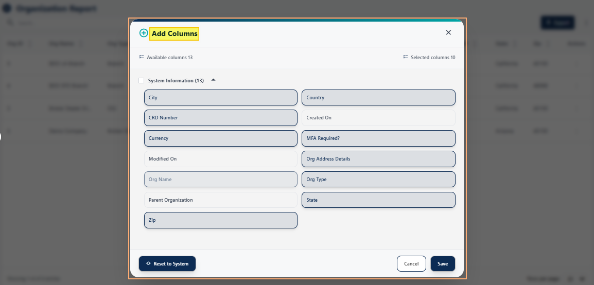 Loaded Add Columns modal window