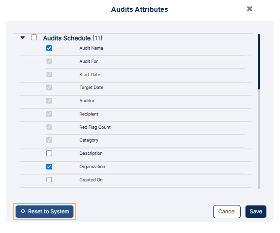 Button to reset columns display to default view