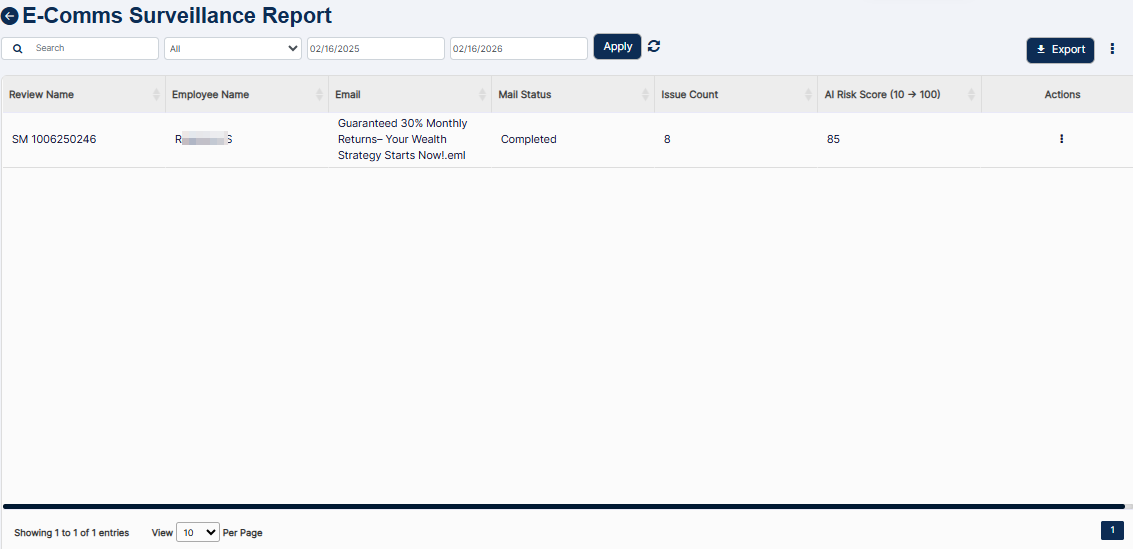 E-Comms Surveillance Report view