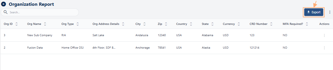 Export button to download CSV file