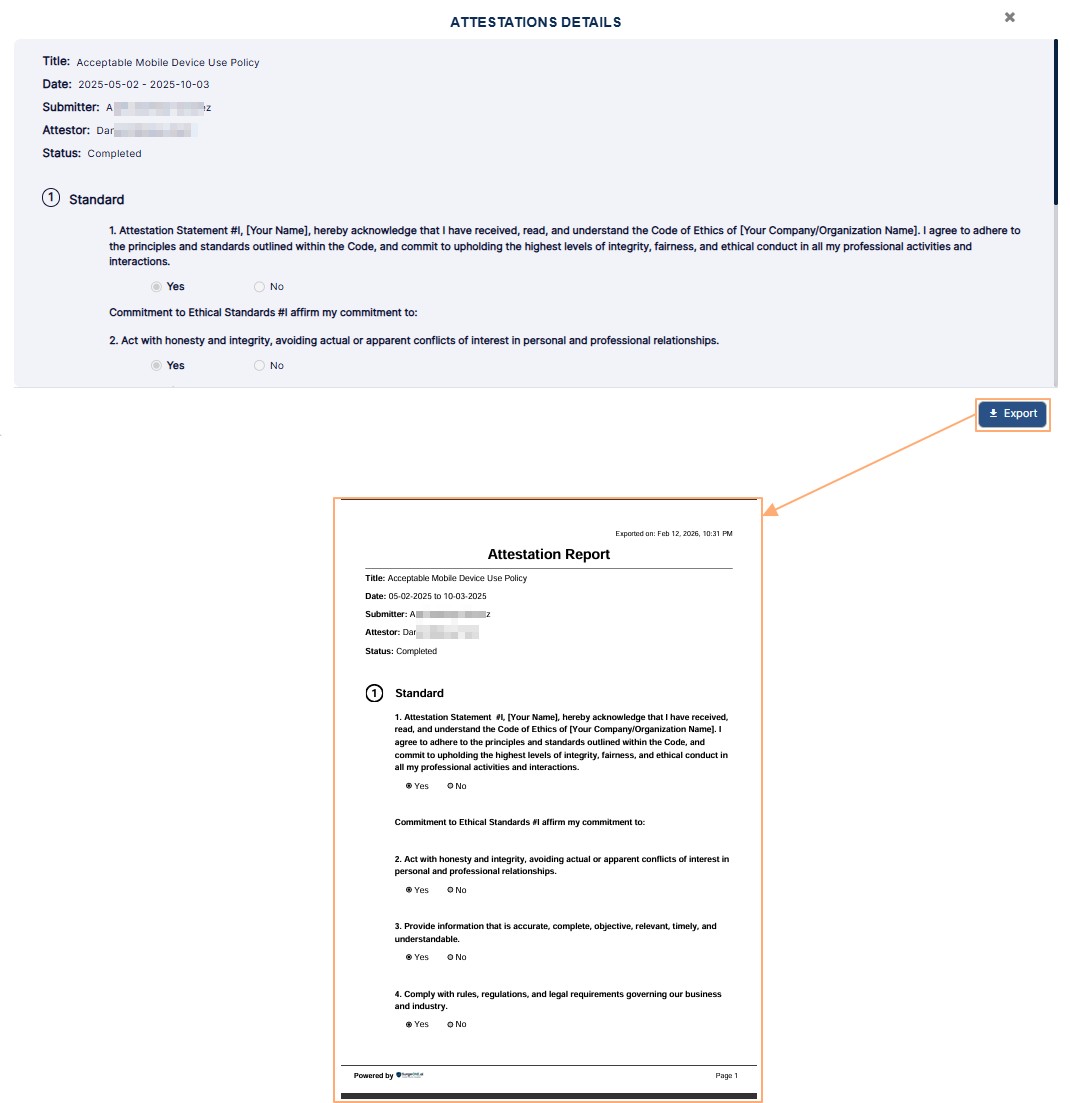 Exported PDF file content view of chosen attestation entry