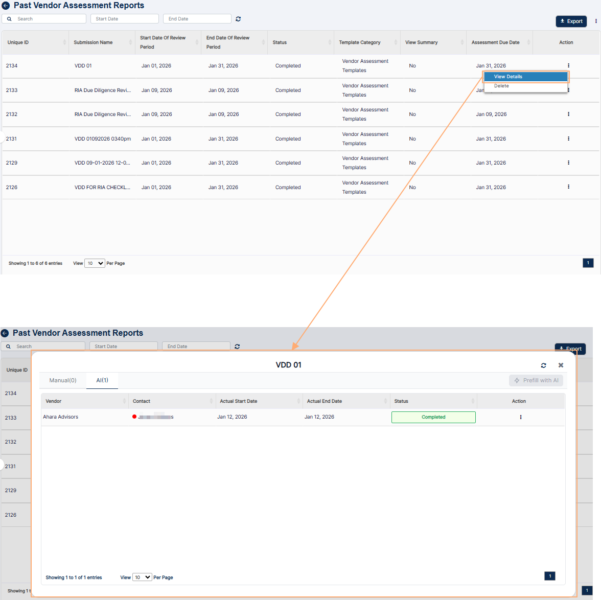 Proceeding to view the status-wise modal window
