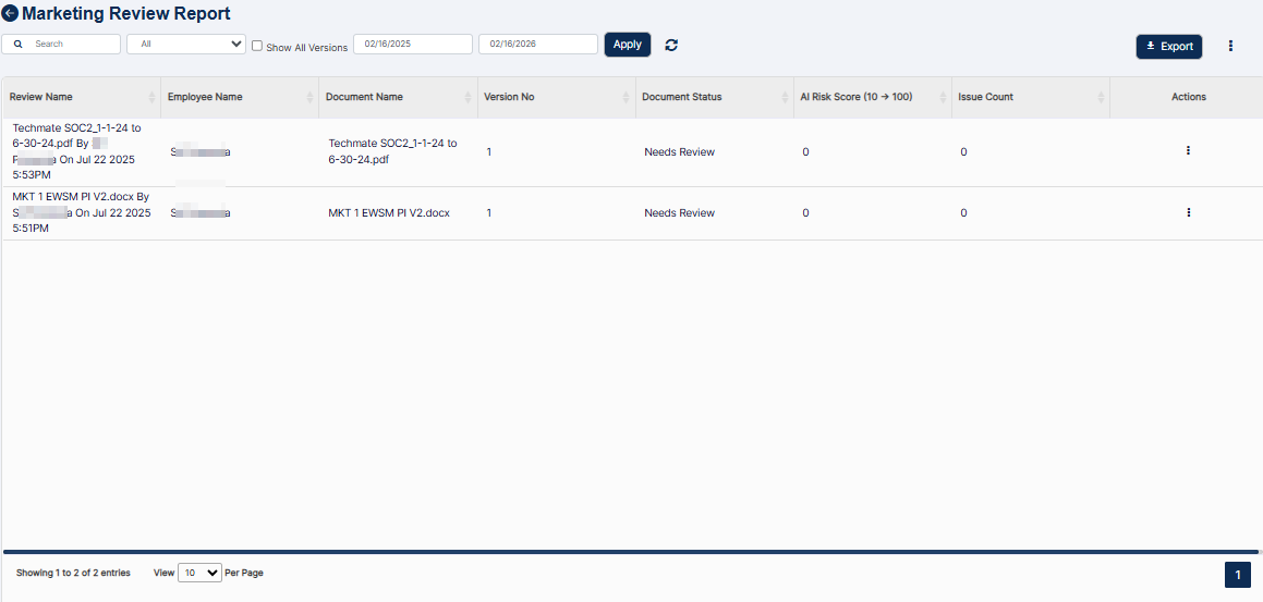 Marketing Review Reports view