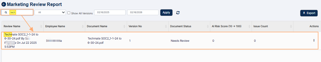 Searching for Marketing Review entries