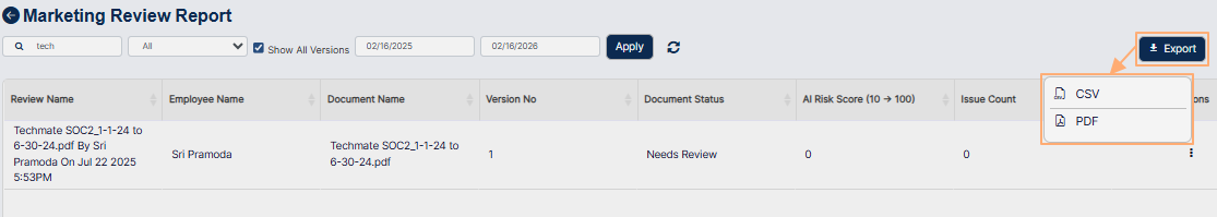 Options of the Export button