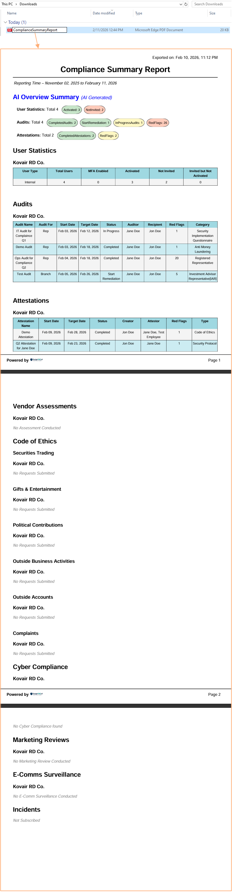 View of the contents of the generated custom date range Report