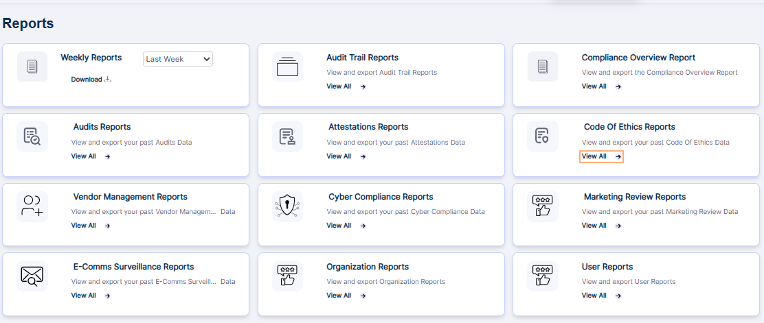 View All option of the Code of Ethics Report tile on the Reports page
