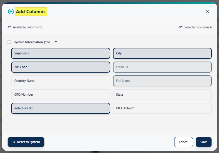 Loaded Add Columns modal window