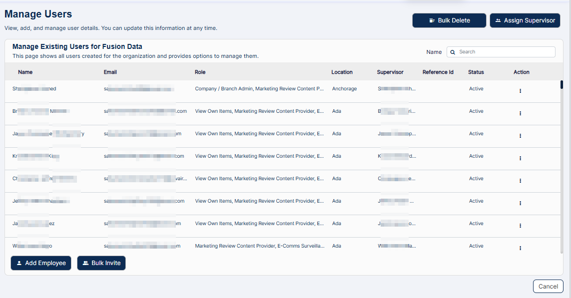 Manage Users page showing the same records as displayed in the report
