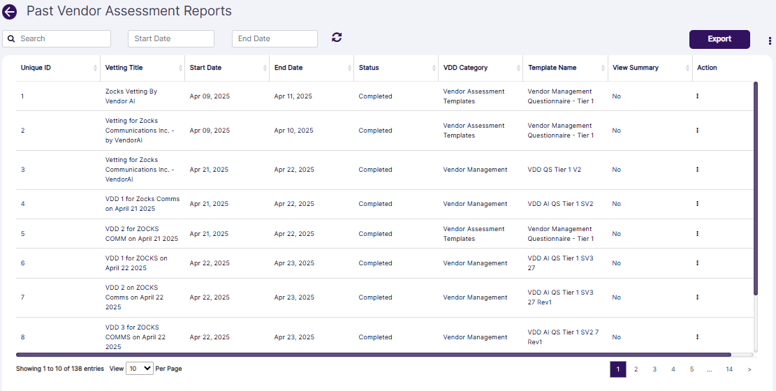 Vendor Management Reports view