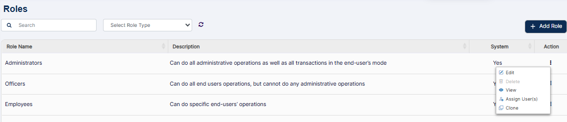 Expanded view of the system role menu options of the ACTION column