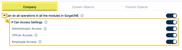View of the expanding permission category after clicking on the left arrow icon against Can do all operations in all the modules in SurgeONE