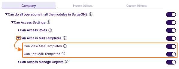 View of the expanding permission category after clicking on the left arrow icon against Can Access Mail Templates
