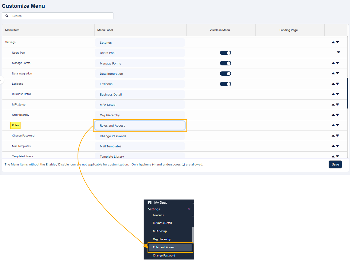 Renamed Roles sub-menu option under the Settings menu option