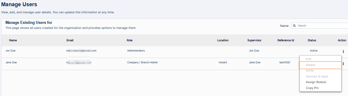 Delete option of the row context menu disabled for Company / Branch Admin