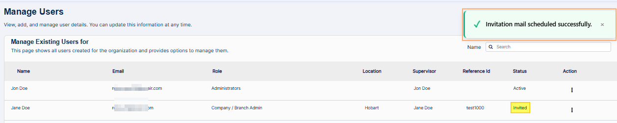 Invite mail success notification