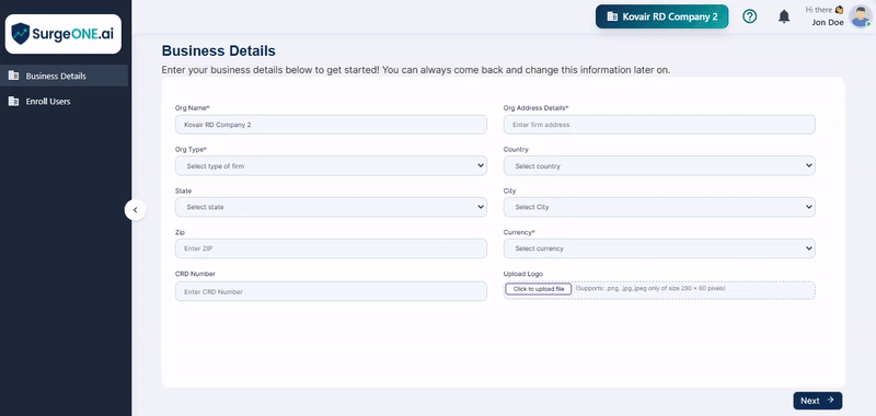 Fields of Business Details stage