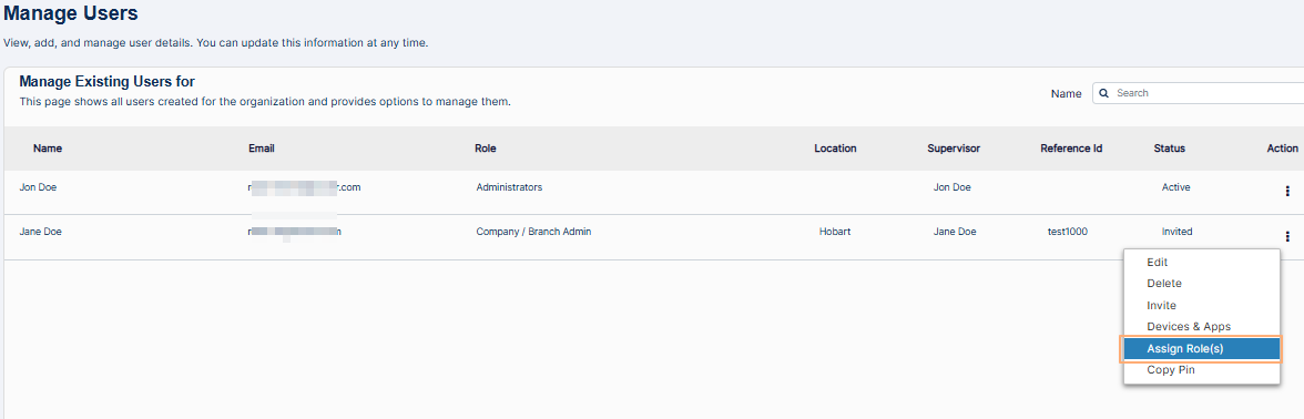 Assign Role(s) menu option
