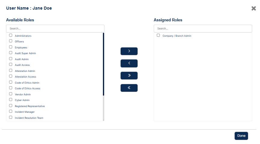 Modal window to assign role(s) to chosen user