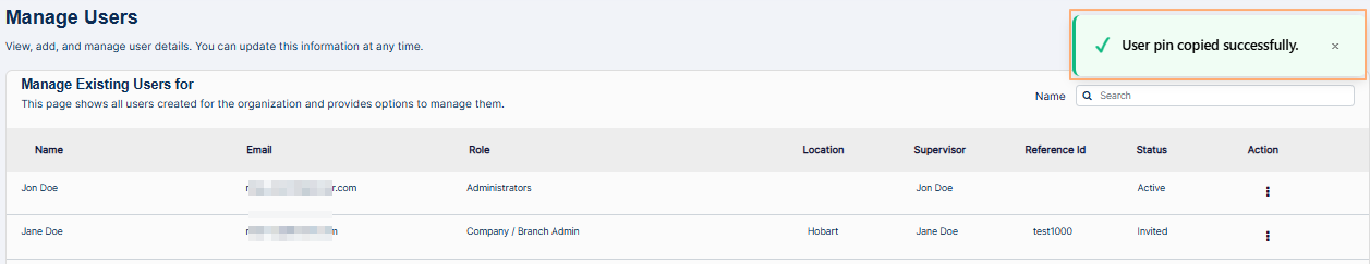 View of success notification prompt