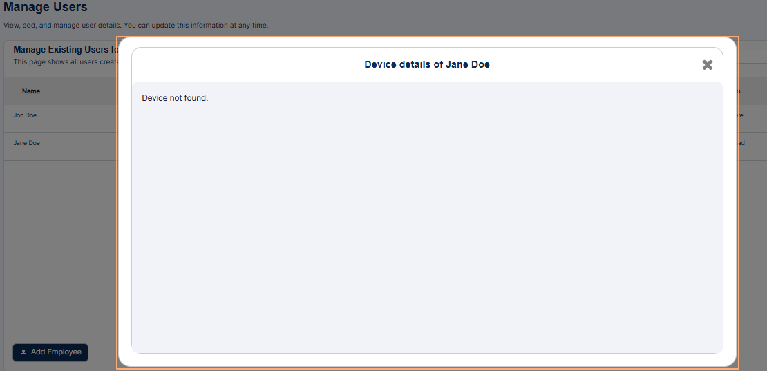 Devices & Apps option of the row context menu loads the Device details view showing no details
