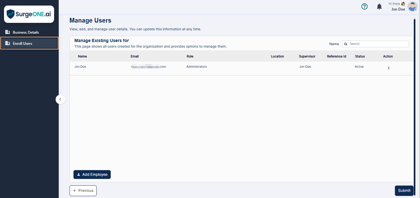 Enroll Users stage view