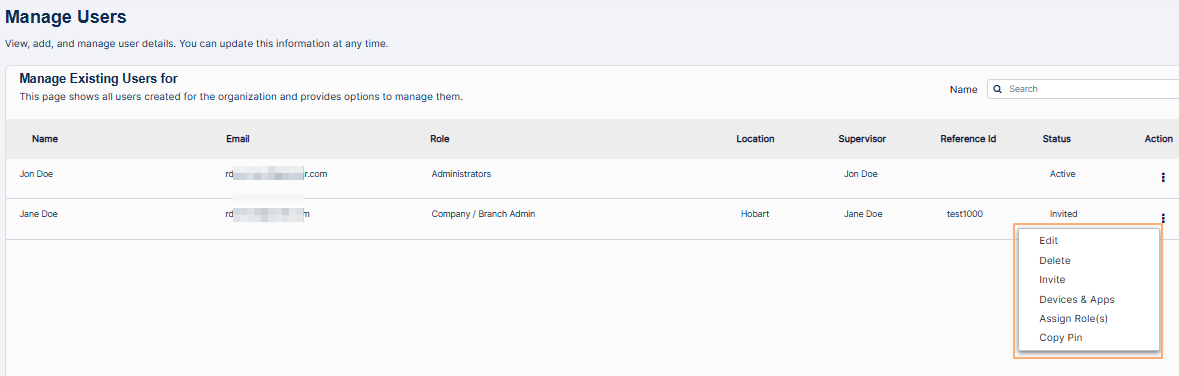 Row context menu options of the created employee