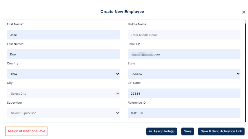 Role needs to be assigned to save employee