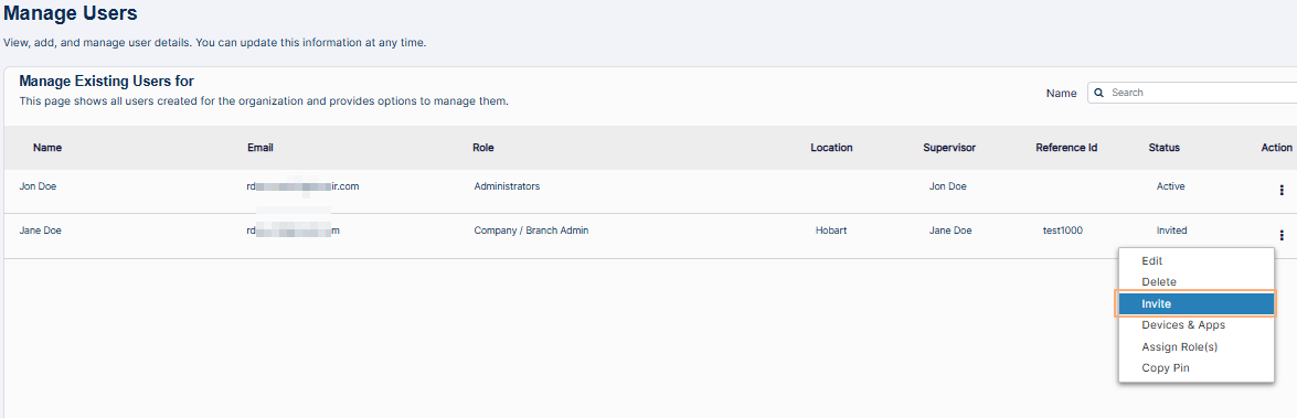 Invite option for Inviting user