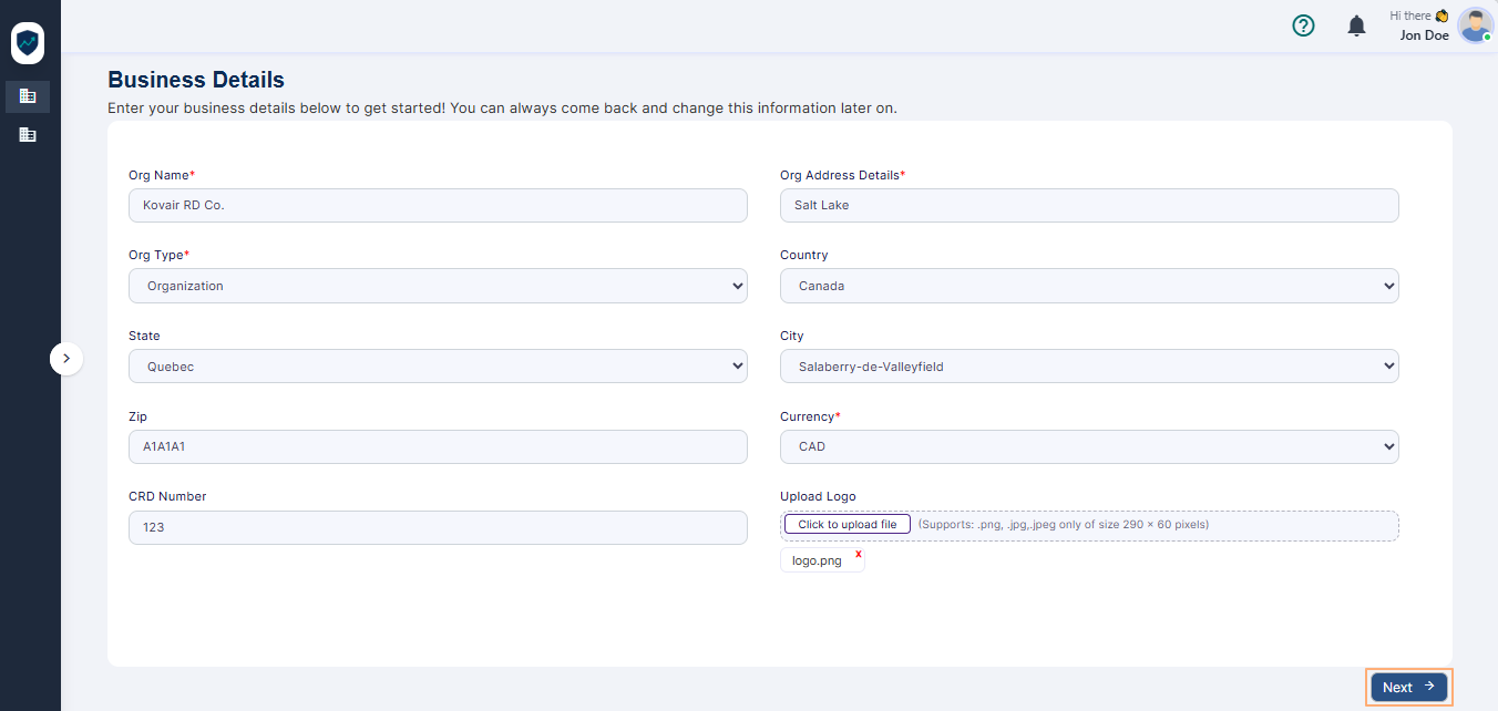 Next button to proceed