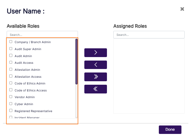 Role selection modal window