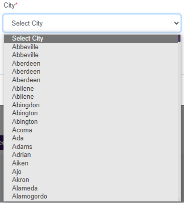 City dropdown