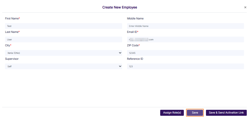 Row context menu options of the created employee
