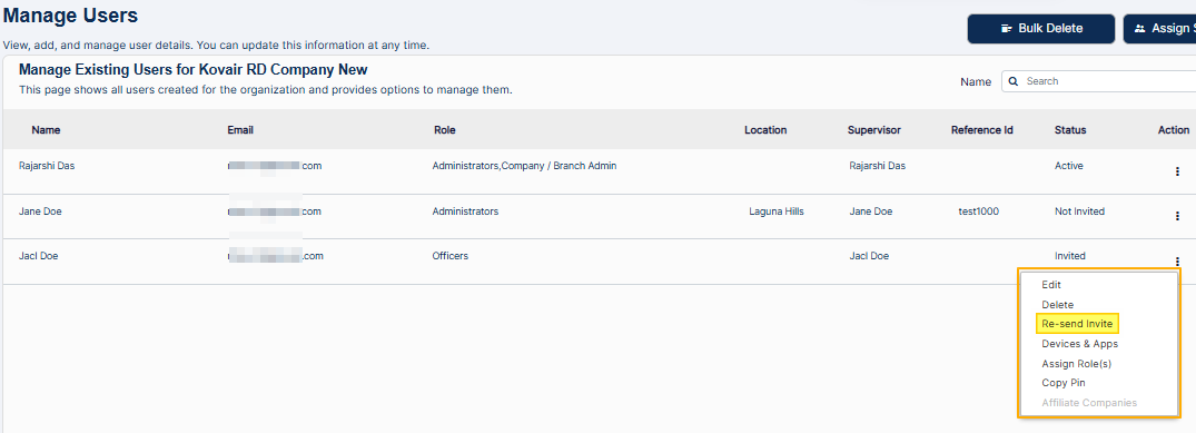 Row context menu options of this created employee