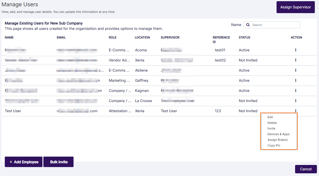 Row context menu options of the created employee