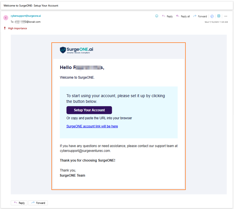 View of the triggered user invitation email