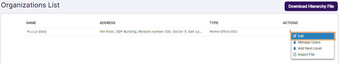 Expanded view of row context menu toggled against an existing organization with no sub firms