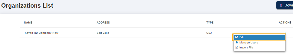 Expanded view of row context menu toggled against an existing organization with no sub firms