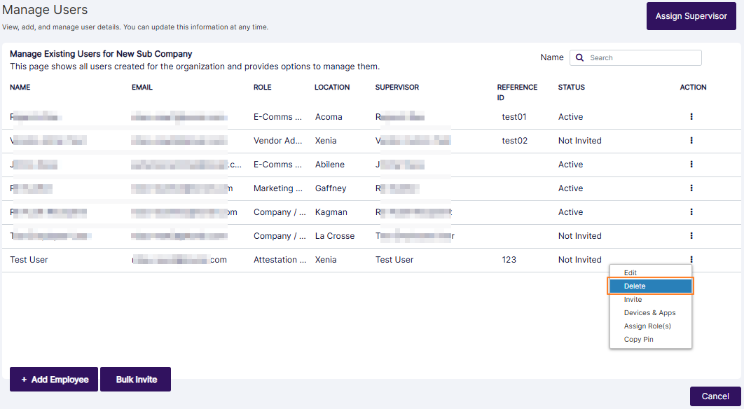 Delete option of the row context menu