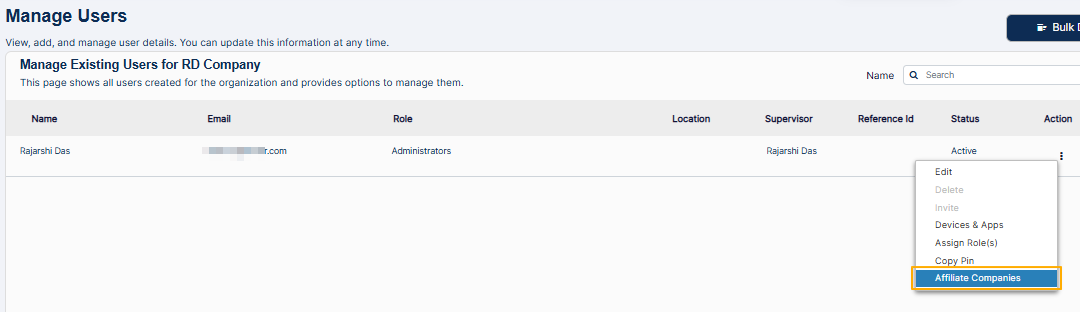 Selecting Affiliate Companies option