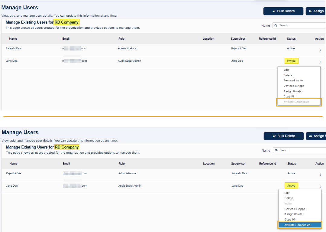 Disabled option in parent organization