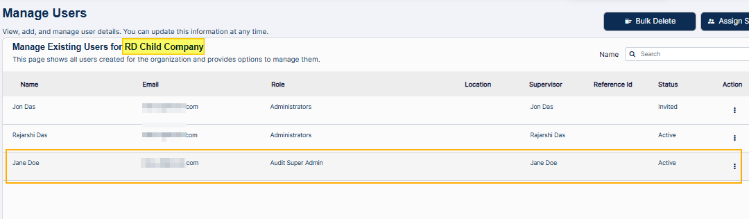 Creating users in child organization